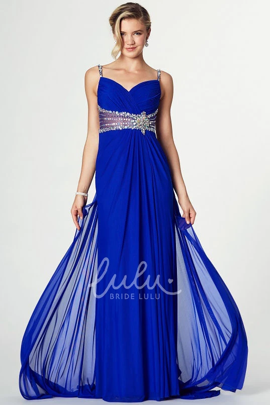 A-Line Floor-Length Chiffon Prom Dress with Jeweled Spaghetti Straps Flowy Prom Dress with Low-V Back