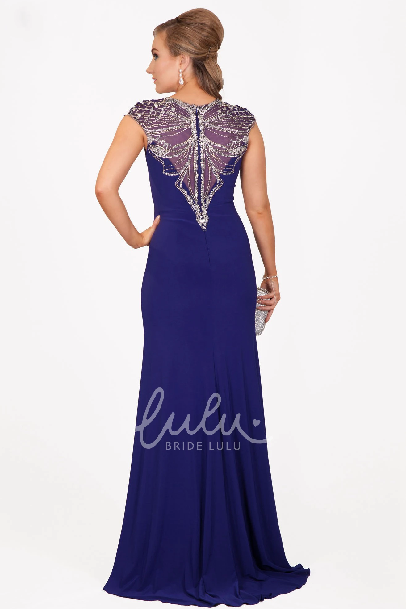 Cap-Sleeve Sheath Jersey Prom Dress with Beading Long
