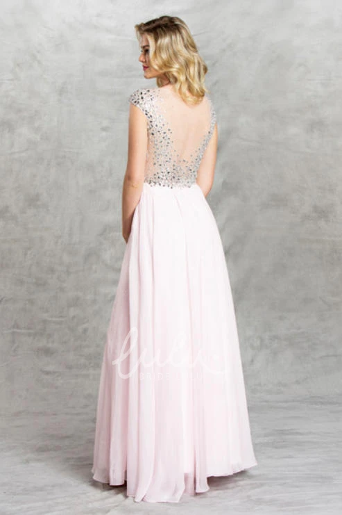 Chiffon Cap-Sleeve Formal Dress with Beading and Split Front