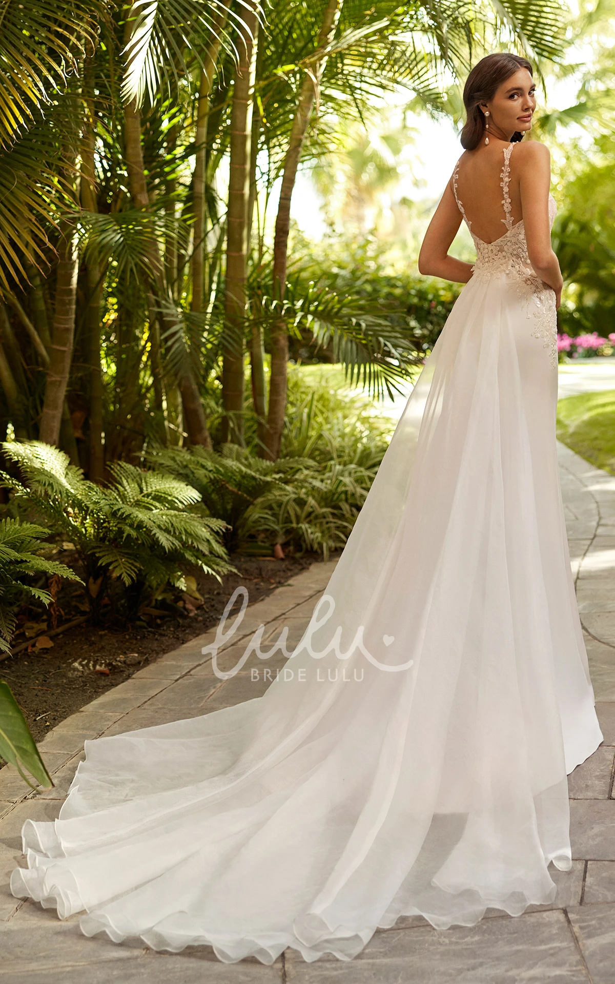 Satin V-Neck Appliques Beach Wedding Dress Simple & Romantic Bridal Gown