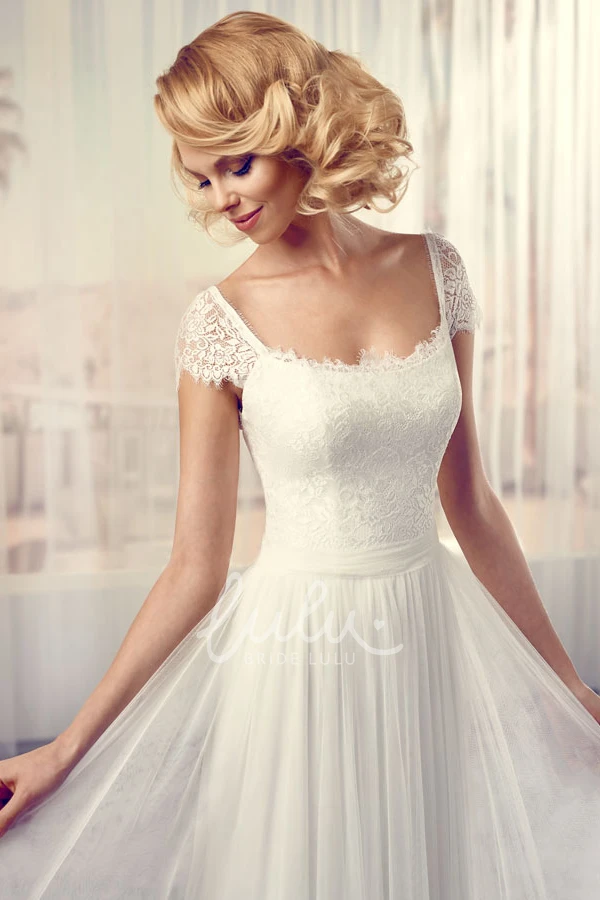 Lace Chiffon Wedding Dress with V-Back and Cap-Sleeves Long Square Style