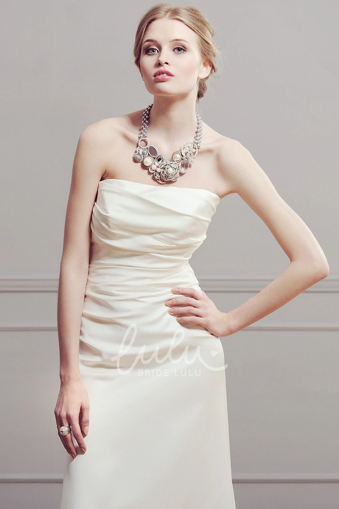 Strapless Satin Sheath Wedding Dress with Ruched and Sleeveless