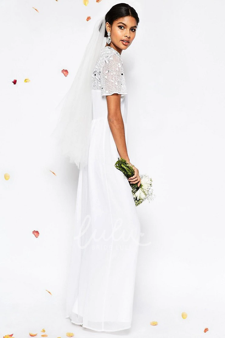 High Neck Short-Sleeve Sequin Sheath Wedding Dress Modern Floor-Length Gown