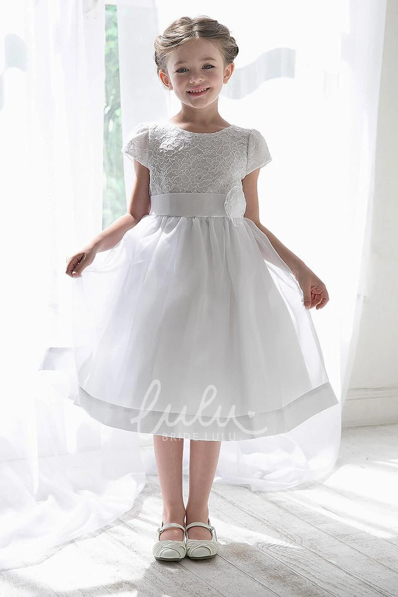 Tiered Lace and Organza Flower Girl Dress Tea-Length with Floral Sash