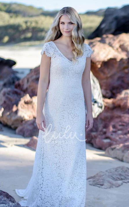 Vintage Lace Sheath Wedding Dress with Low-V Back Short Cap Sleeve and Floor-length