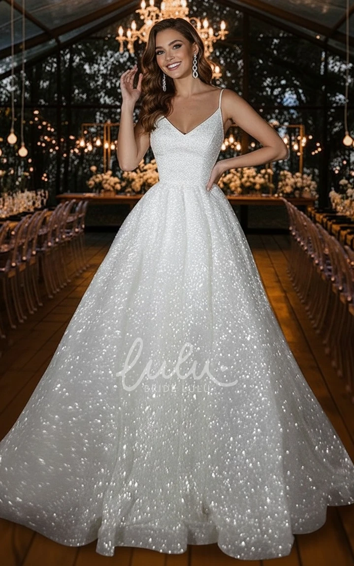 Sexy Elegant Ethereal Sequins Spaghetti A-Line V-neck Modern Floor-length Sleeveless Zipper Low-V Straps Back Wedding Dress