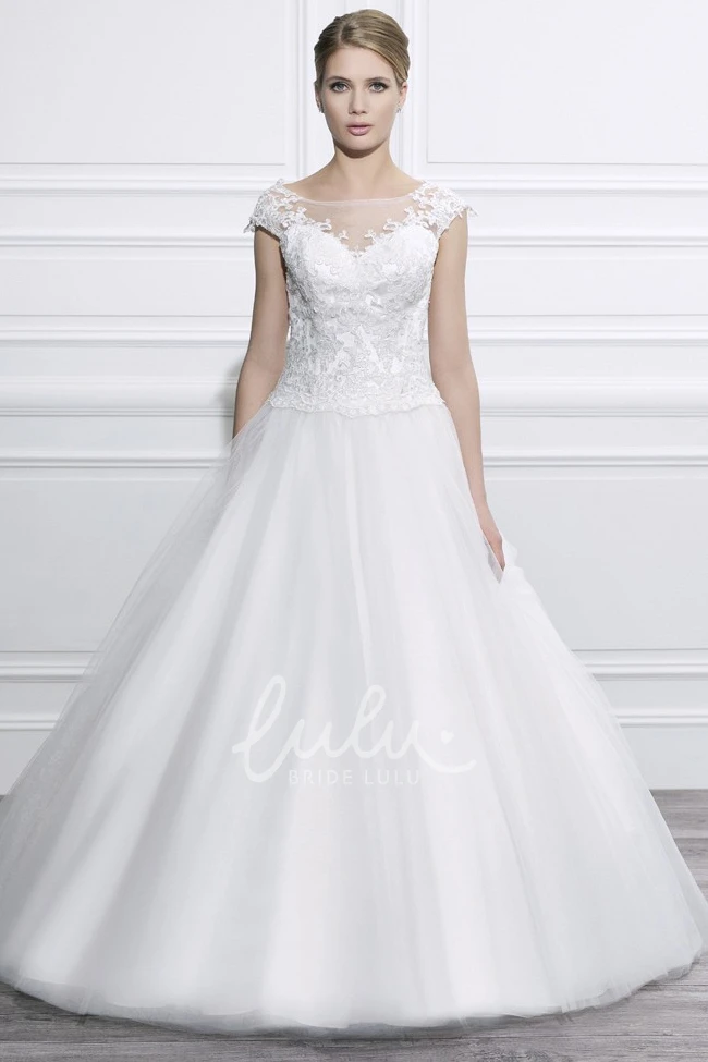 Cap-Sleeve Tulle Ball Gown Wedding Dress with Appliques and Deep-V Back Elegant Bridal Gown