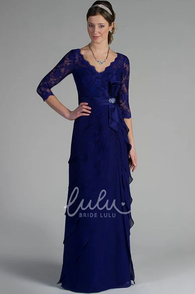 Draped Lace & Chiffon Mother of the Bride Dress with Broach Sheath V-Neck 3-4-Sleeve