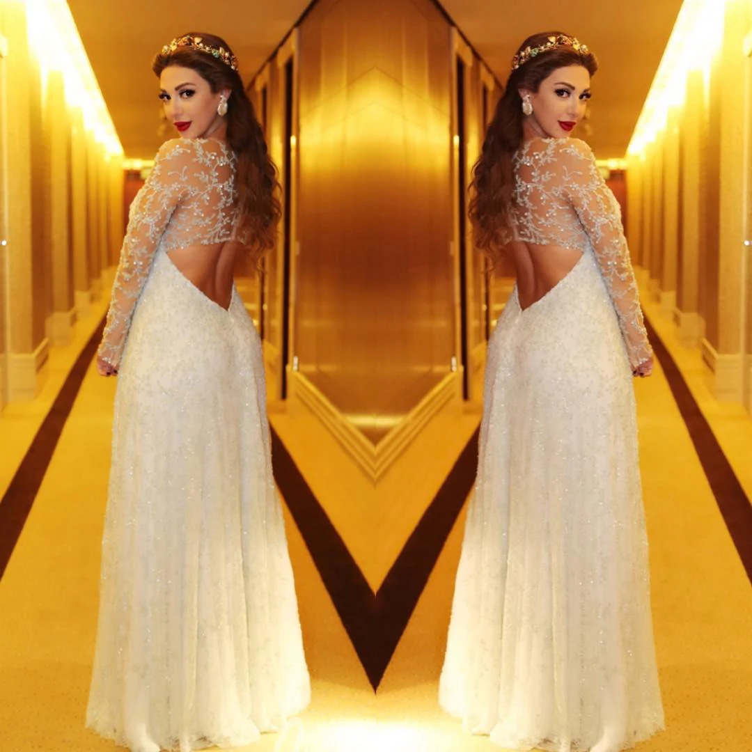 Long Sleeve A-Line Evening Dress with Beadings and Appliques