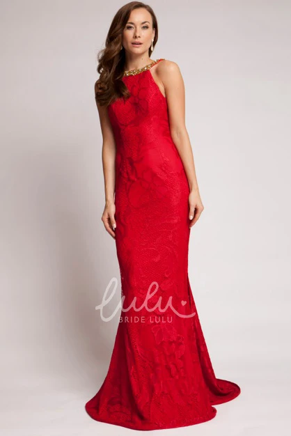 Beaded Sleeveless Lace Prom Dress with Backless Style Sheath Floor-Length