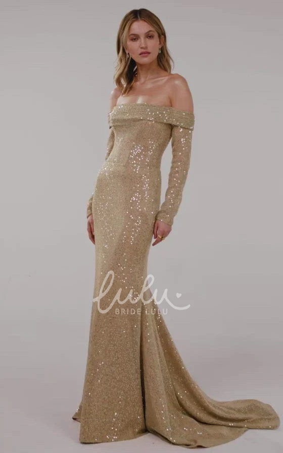 Mermaid Sequins Long Sleeve Formal Dress with Off-Shoulder and Corset Back