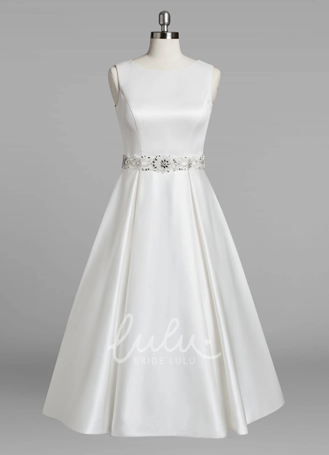 Beaded Satin A-Line Tea-Length Wedding Dress with Jewel Neck