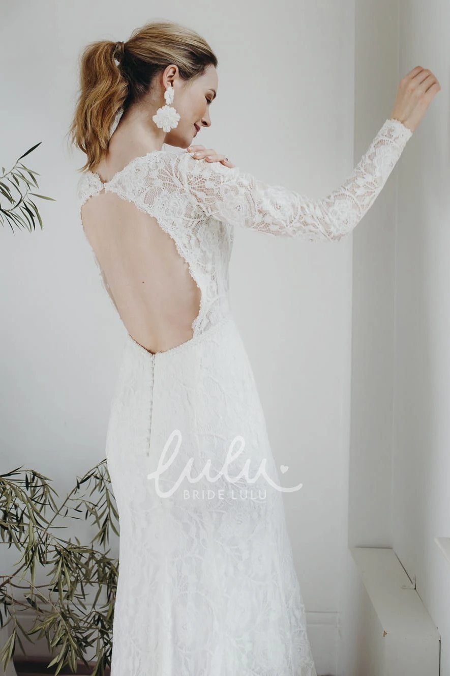 Sexy Sheath Lace Wedding Dress with Plunging V-neck Long Sleeves and Keyhole Back