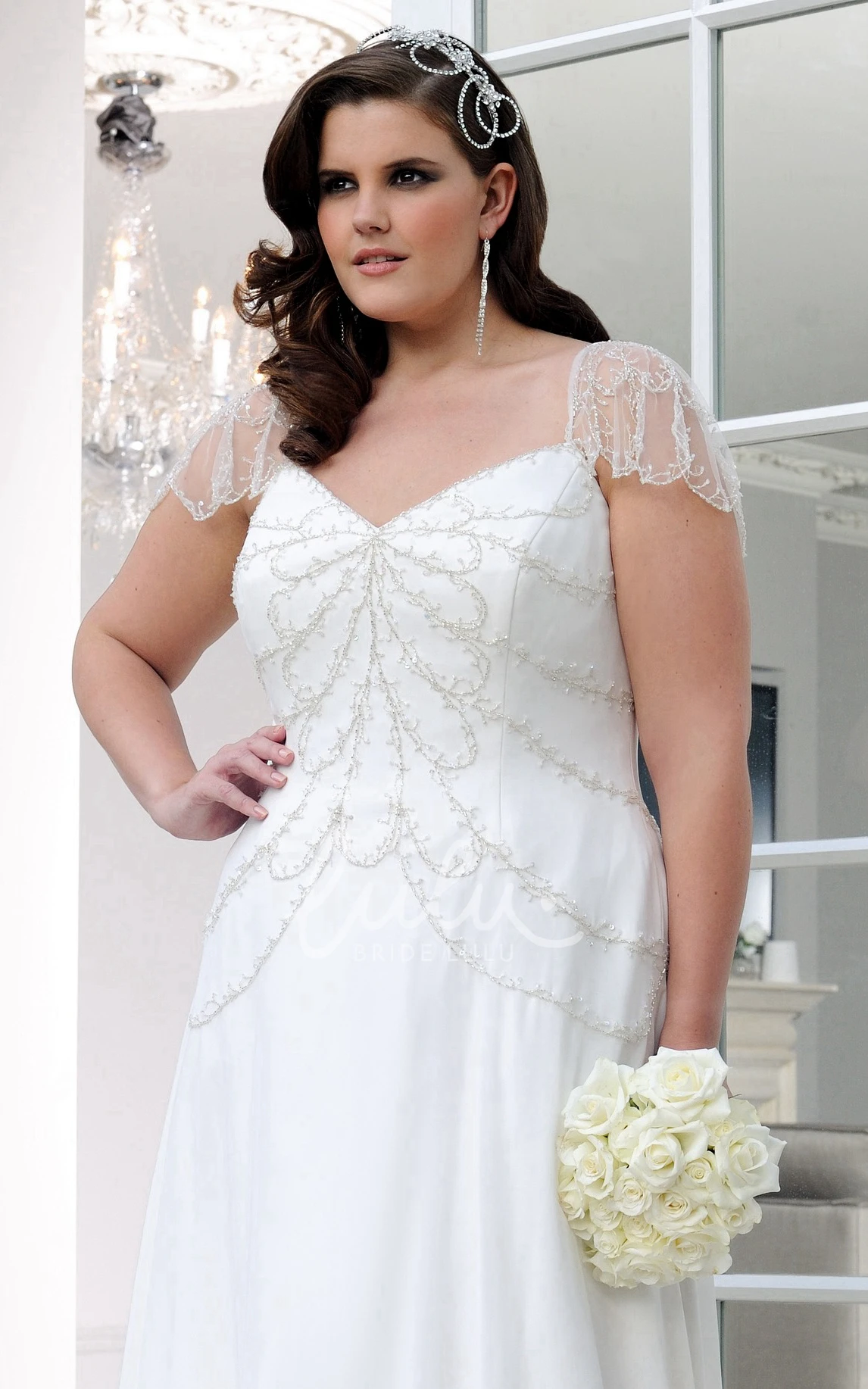 Sheath Bridesmaid Dress with Illusion Caped-Sleeves in Chiffon