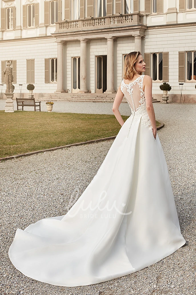 A-Line Satin Wedding Dress with Appliques Sleeveless and Scoop-Neck Classic Bridal Gown