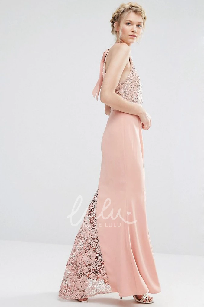 Lace High Neck Sleeveless Chiffon Bridesmaid Dress with Bow Sheath Style
