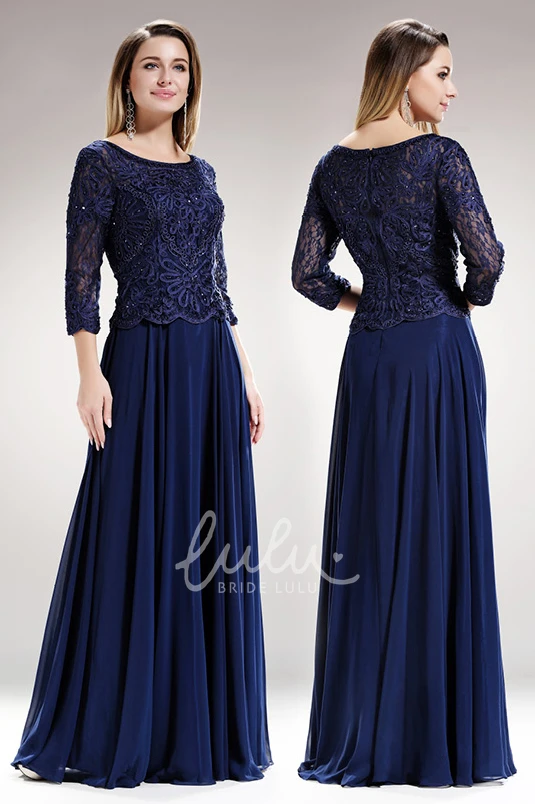 Bateau A-Line Lace Chiffon Dress with Pleats Flowy Beach Formal Dress