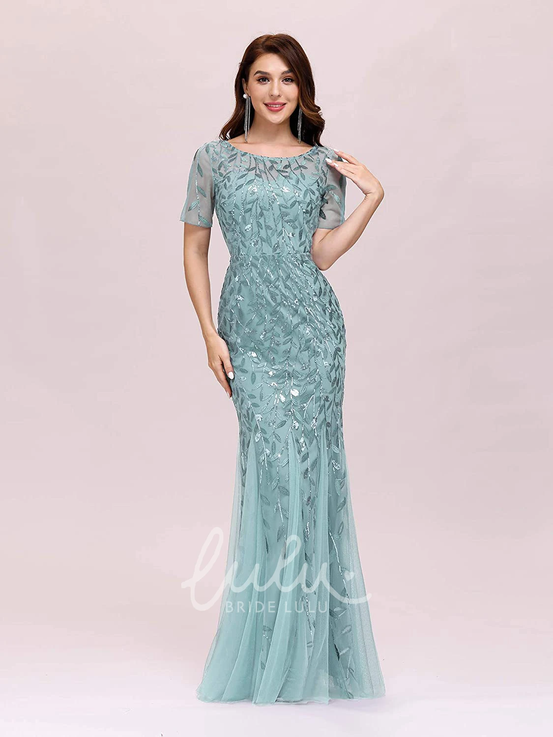 Sequin Trumpet Illusion Prom Dress with Short Sleeves and Pleats