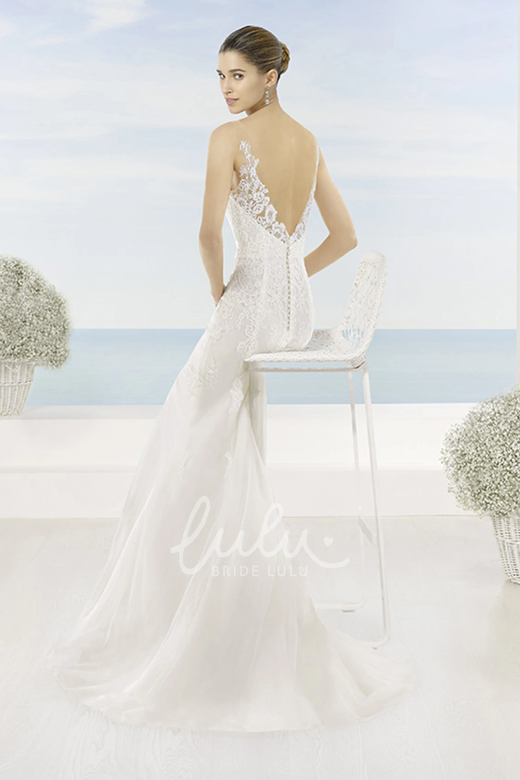 Sleeveless V-Neck Lace Wedding Dress with Sweep Train and Deep-V Back Classic Bridal Gown