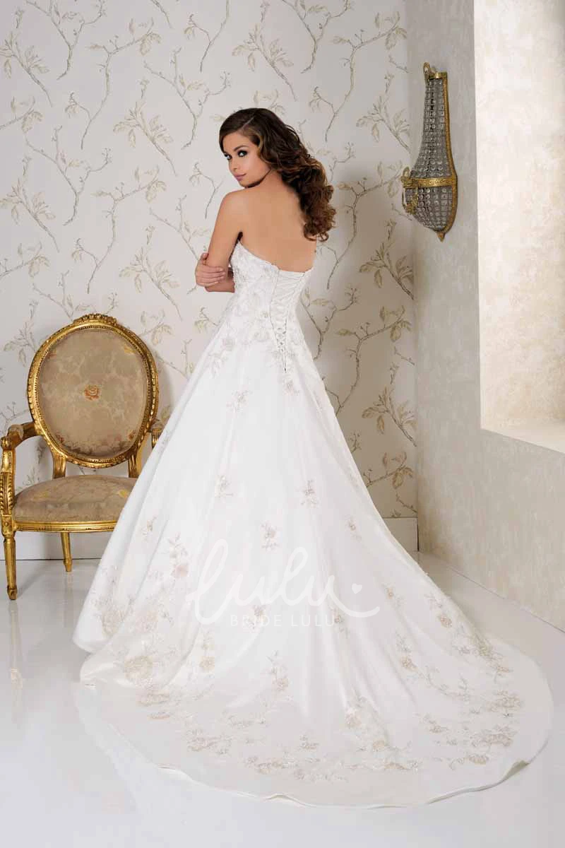 Strapless Satin Wedding Dress with Appliques and Chapel Train Elegant Bridal Gown