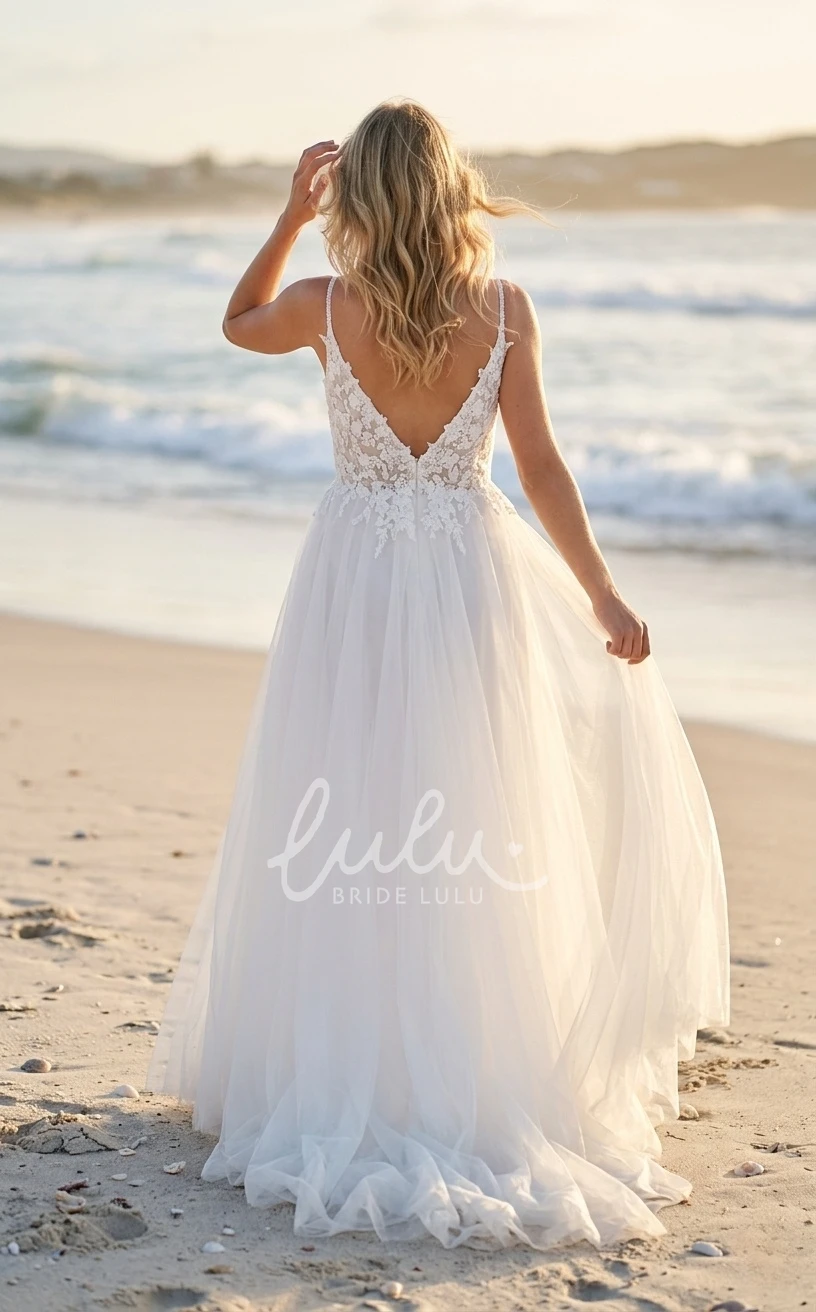 Country Sleeveless Lace A-Line Wedding Dress Spaghetti Deep V-Neck Elopement Bridal Gown