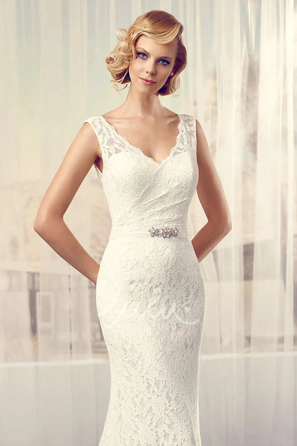 V-Neck Jeweled Lace Wedding Dress with Brush Train Floor-Length Style