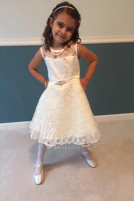 Pleated Lace Tea-Length Flower Girl Dress with Illusion Neckline