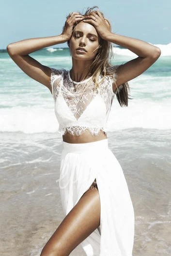 Two Piece Beach Wedding Dress with Lace Top and Front Split Casual and Boho