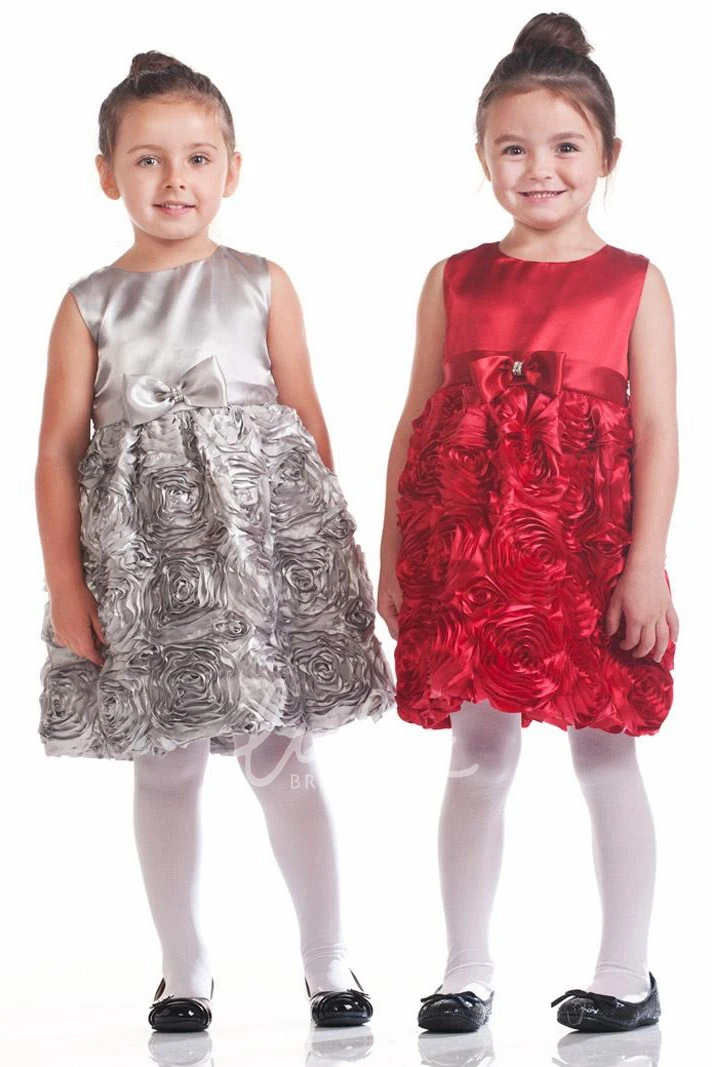 Bowed Satin Flower Girl Dress Knee-Length Tiered Casual