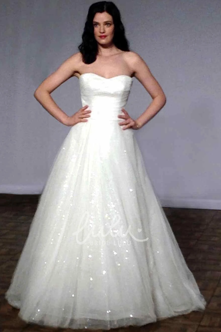 Sequined Tulle Wedding Dress with Ruching Flowy A-Line Dress