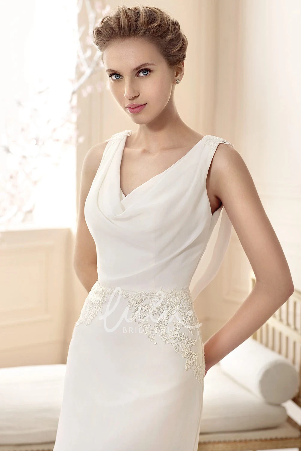 Chiffon Appliqued Cowl-Neck Wedding Dress Simple Sheath Style