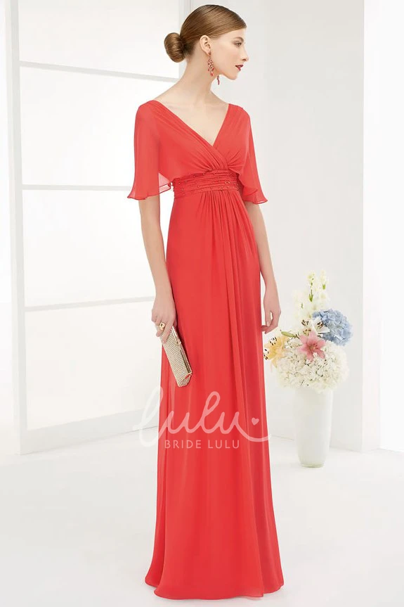 Empire Waist Chiffon Prom Dress with V-Neck and V-Back Flowy Long Dress