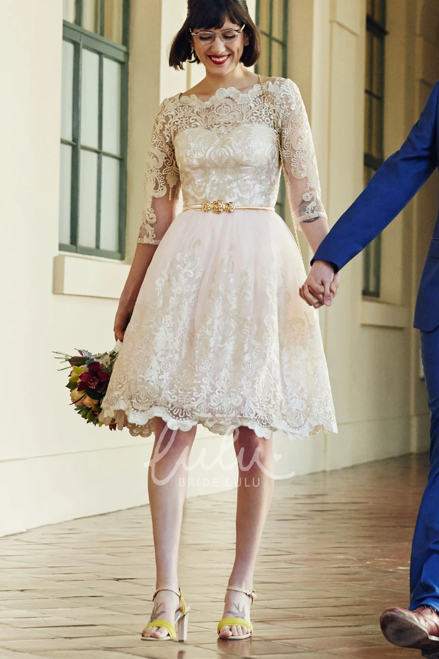 Lace Illusion Knee-Length Wedding Dress with Long Sleeves Elegant Bridal Dress