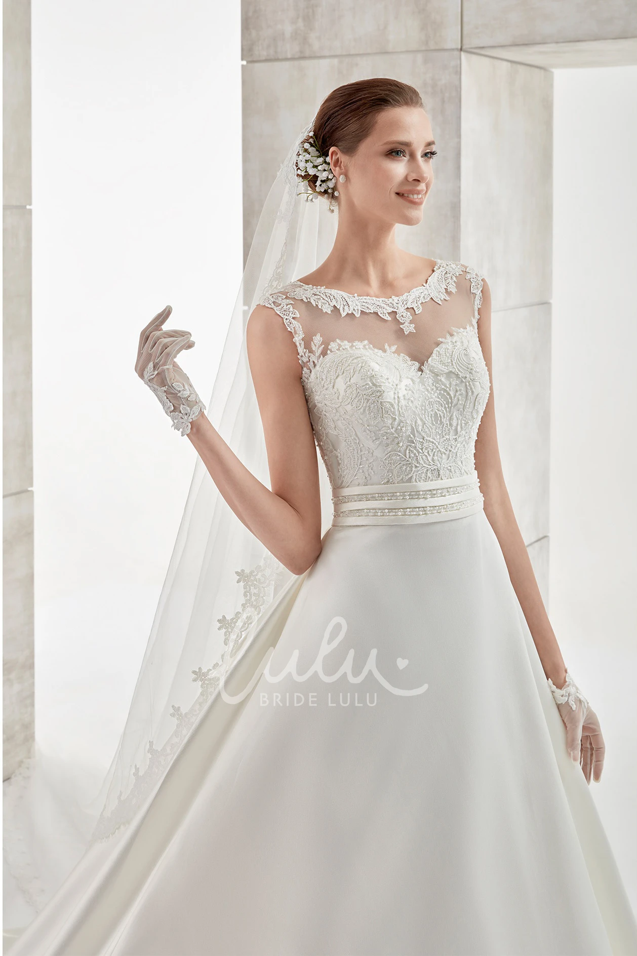 Lace Bodice Cap-Sleeve A-Line Wedding Dress with Brush Train Elegant Bridal Gown