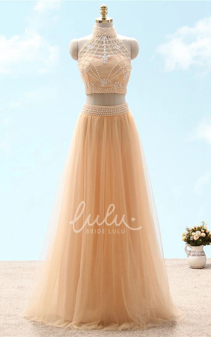 High Neck Sleeveless Tulle Beading Formal Dress A-Line