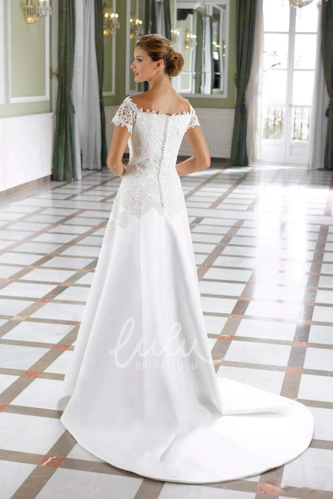 Off-The-Shoulder Lace A-Line Wedding Dress with Floor-Length Satin Skirt Boho Wedding Dress