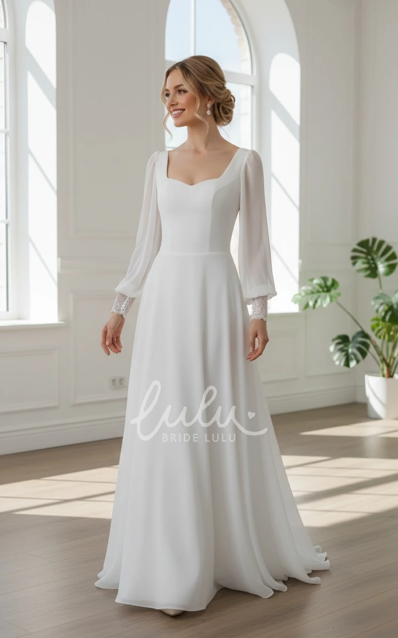 Modest Long Sleeve A-Line Sweetheart Floor Spring Wedding Dress Casual Pure Elegant Button Back Gown