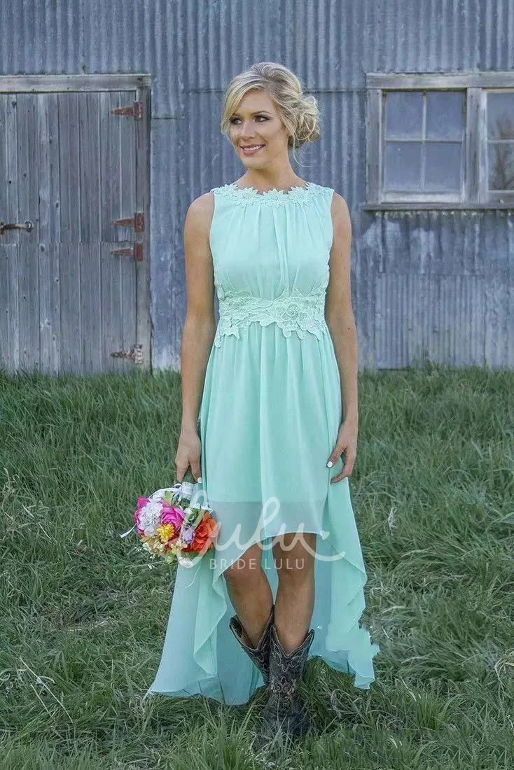 Chiffon Sleeveless A-line Bridesmaid Dress with Appliques High-low Jewel Neckline