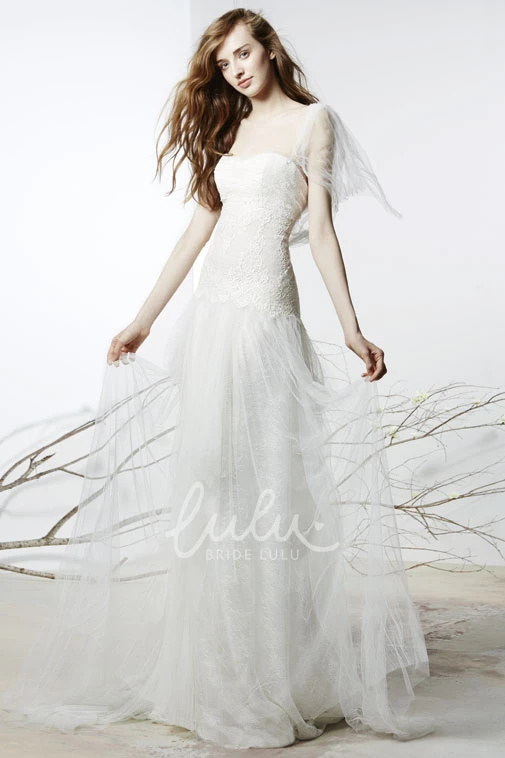 A-Line Tulle Wedding Dress with Sweep Train Floor-Length Lace Strapless Poet-Sleeve