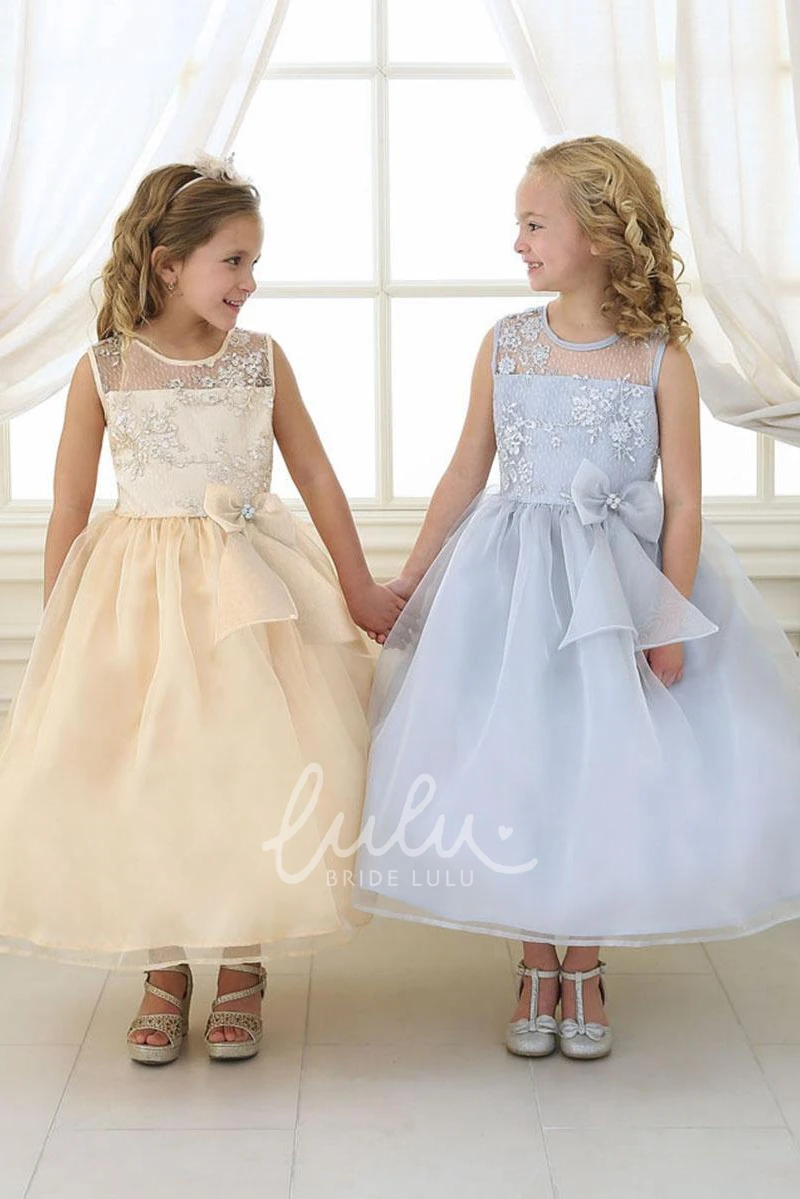 Floral Lace & Organza Tea-Length Flower Girl Dress Unique Bridesmaid Dress