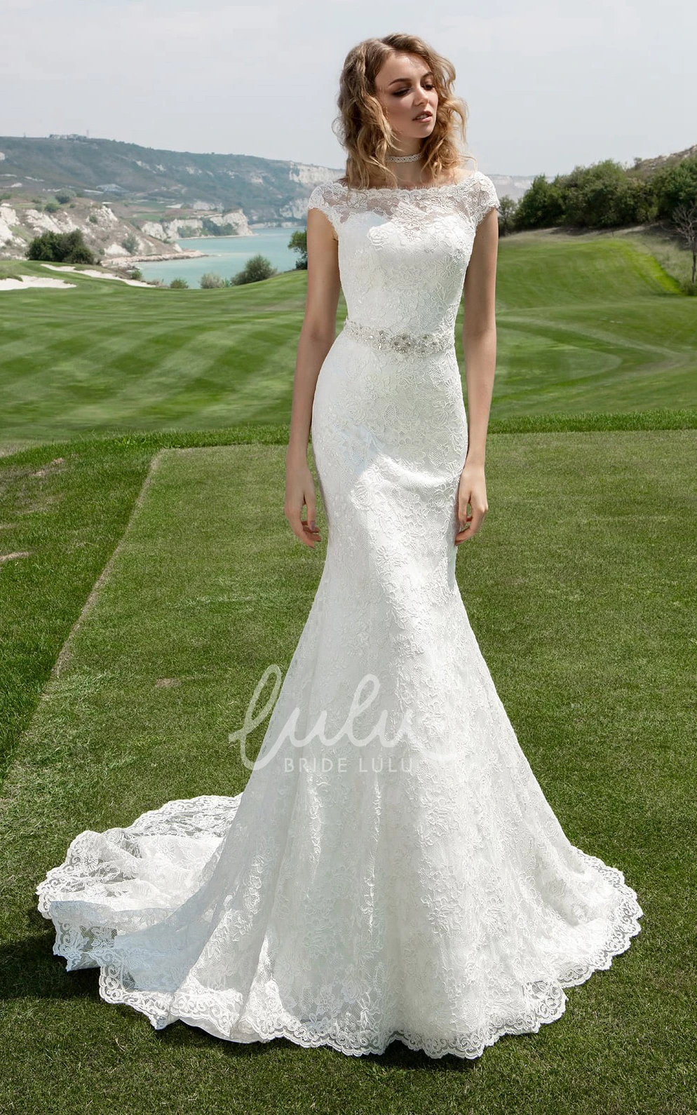Cap Sleeve Sheath Wedding Dress with Beaded Waist and Bateau Neckline