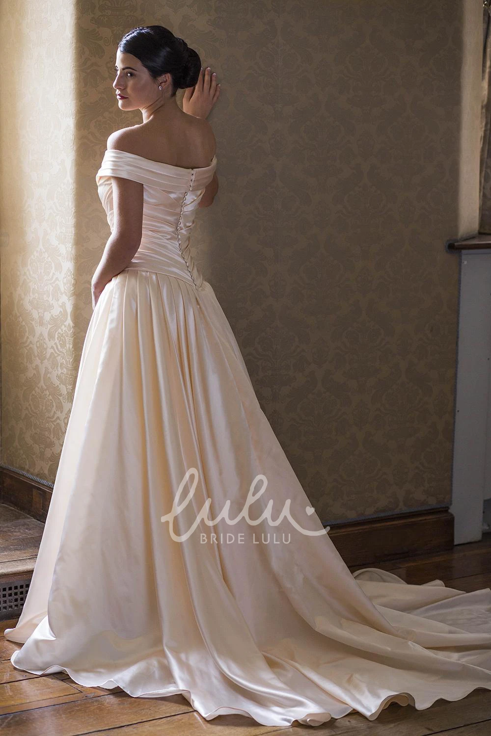 Long Satin Off-The-Shoulder Wedding Dress with Court Train and Criss Cross Classic Bridal Gown