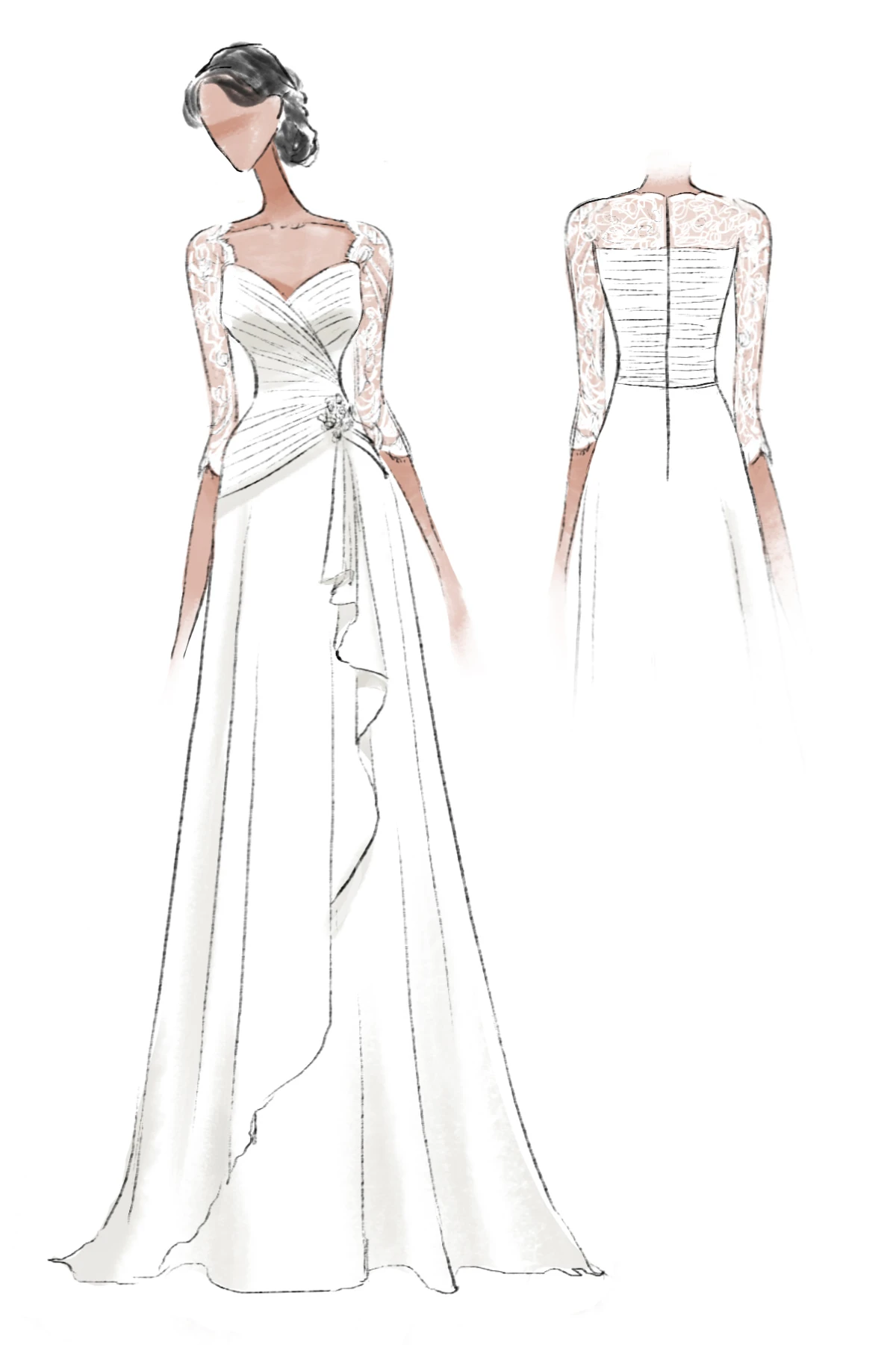 Draping Chiffon A-Line Wedding Dress with V-Neck and Half Sleeves