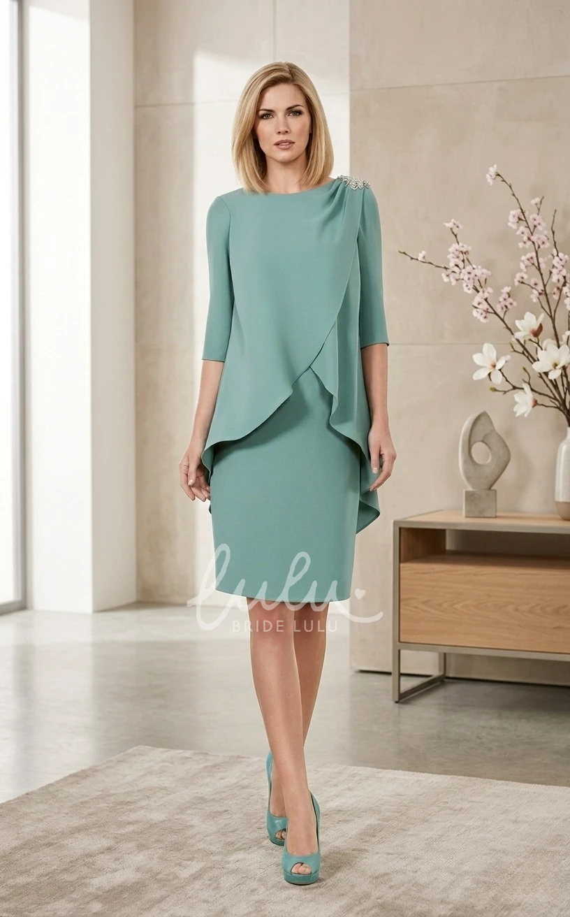 Modest Elegant Sheath Short Half Sleeve Chiffon Mother of the Bride / Groom Dress Gorgeous Timeless Appiqued Shoulder Wedding Guest Gown with Ruching