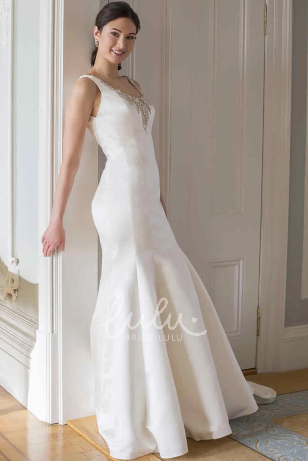 Beaded V-Neck Sleeveless Satin Wedding Dress Sheath Style