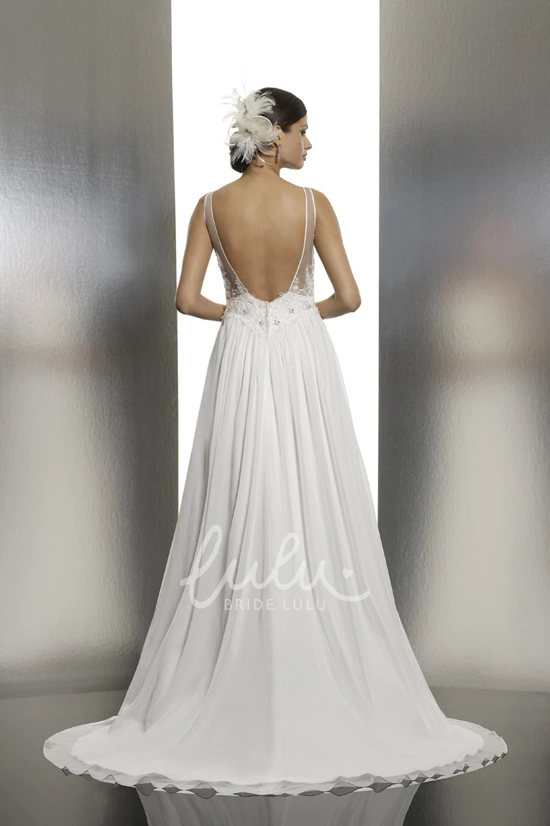 Backless Sheath Chiffon Wedding Dress with Appliques and Pleats Sleeveless and Floor-Length