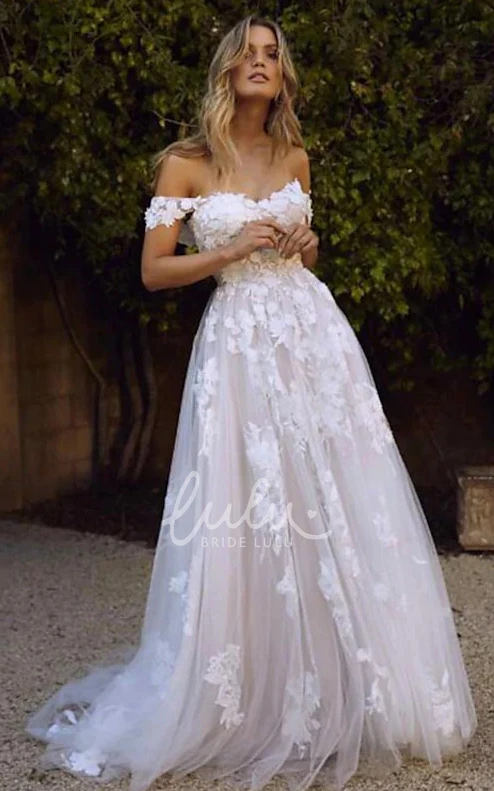 Sexy Beach A-Line Boho Lace Wedding Dress Elegant Ethereal Floral Off-the-Shoulder Floor-Length Bridal Gown with Appliques