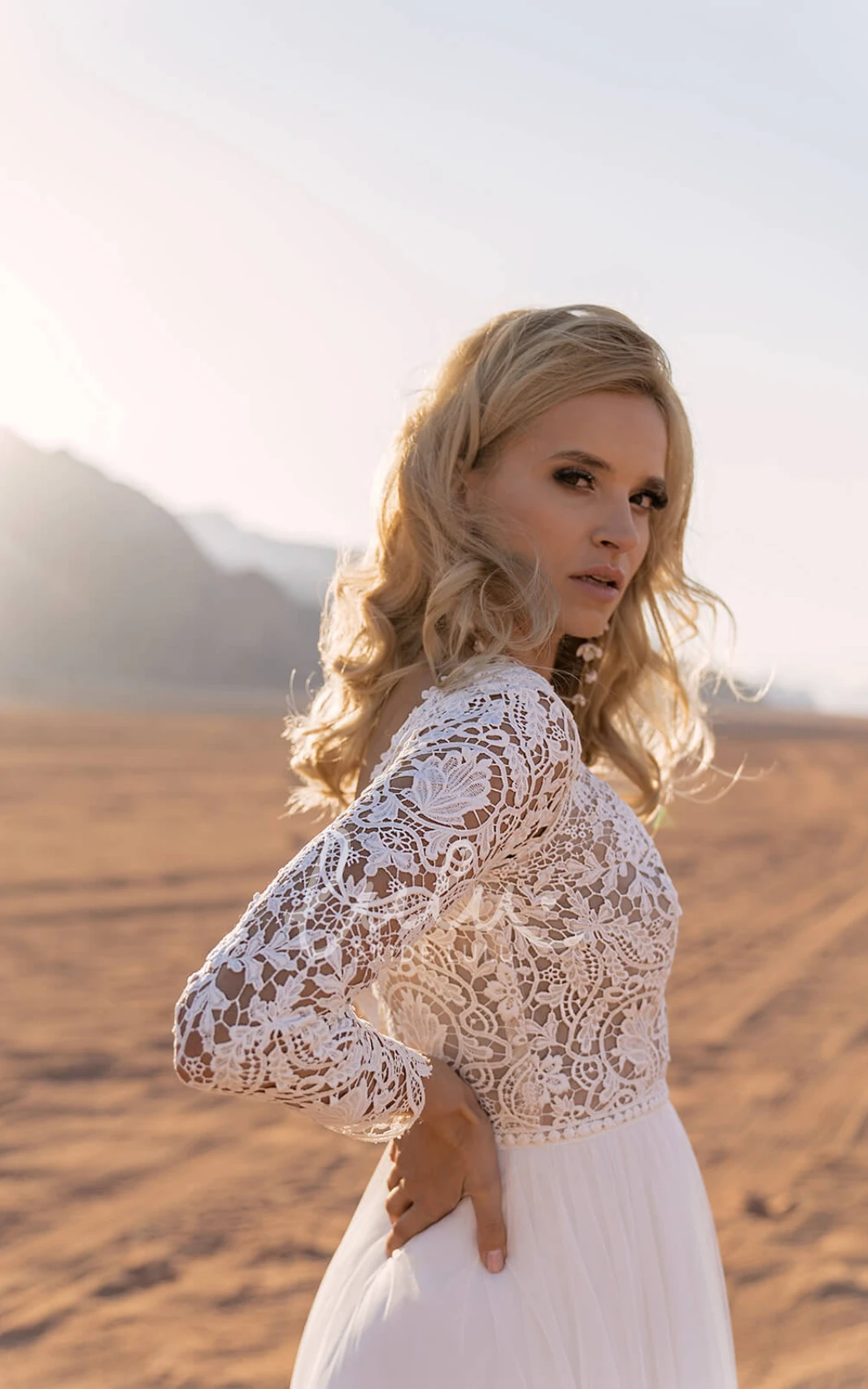 Illusion Sleeve A-Line Chiffon Beach Wedding Dress with Bateau Neckline