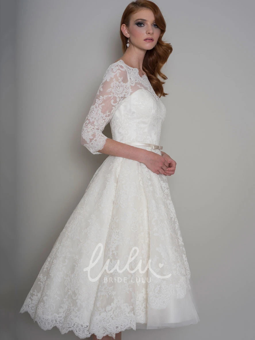 Half-Sleeve Knee-Length A-Line Lace Wedding Dress with Bateau-Neck