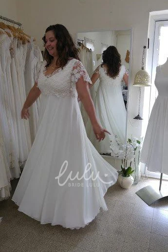 Plus Size V-Neck Lace Chiffon Wedding Dress with Short Sleeves Modern Wedding Dress